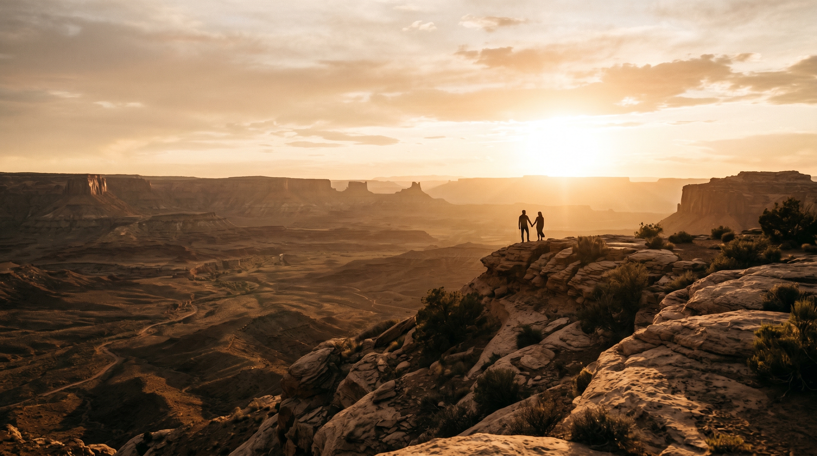 Photographers on a ridgeline at golden hour