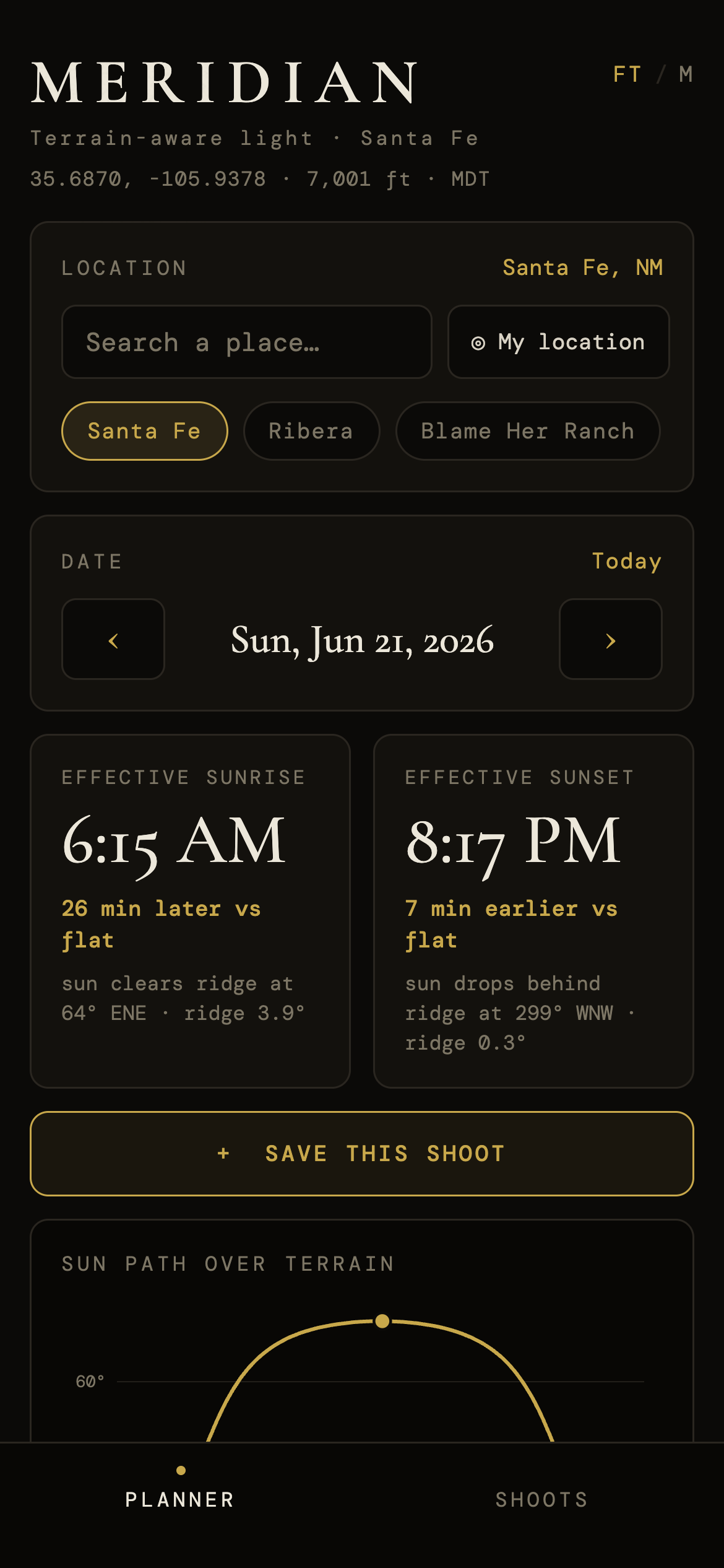 Meridian planner — effective sunrise and sunset